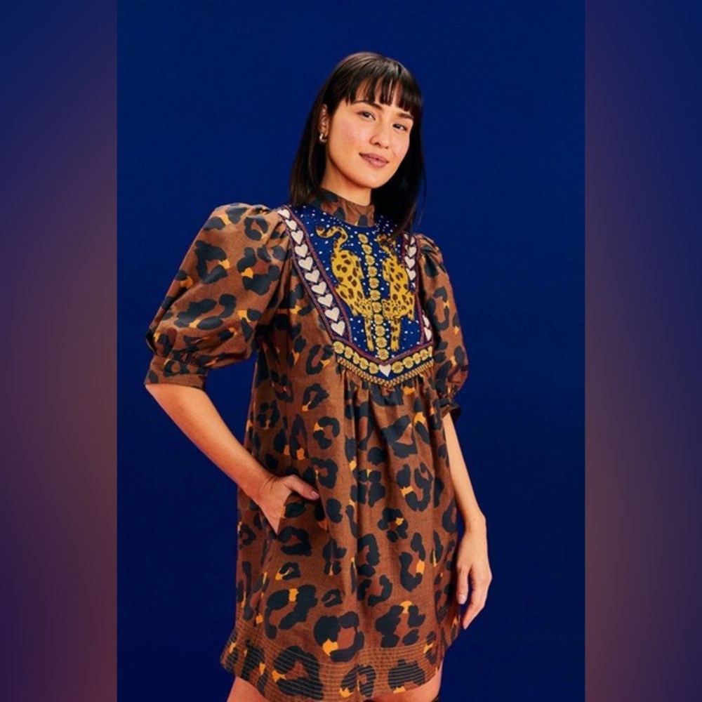 NWT Farm Rio Caramel Leopard Mini Dress Beaded Heart details XS